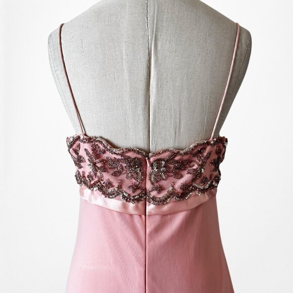 Vintage Pink Knit Bodycon Floral Beaded Mesh Maxi Prom Dress Size M/L - Picture 9 of 10